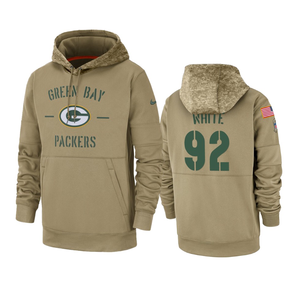 Men's Green Bay Packers #92 Reggie White Tan 2019 Salute to Service Sideline Therma Pullover Hoodie